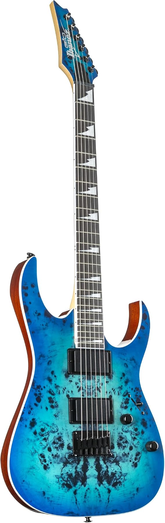Ibanez GRGR221PA-AQB GIO Serisi Elektro Gitar - Aqua Burst | Kavak Burl Art-Grain Top / Okoume Gövde, Maple GRG Boyun, Purpleheart Klavye, Çift IBZ-6 Humbuckers, F106 Hardtail Köprüsü