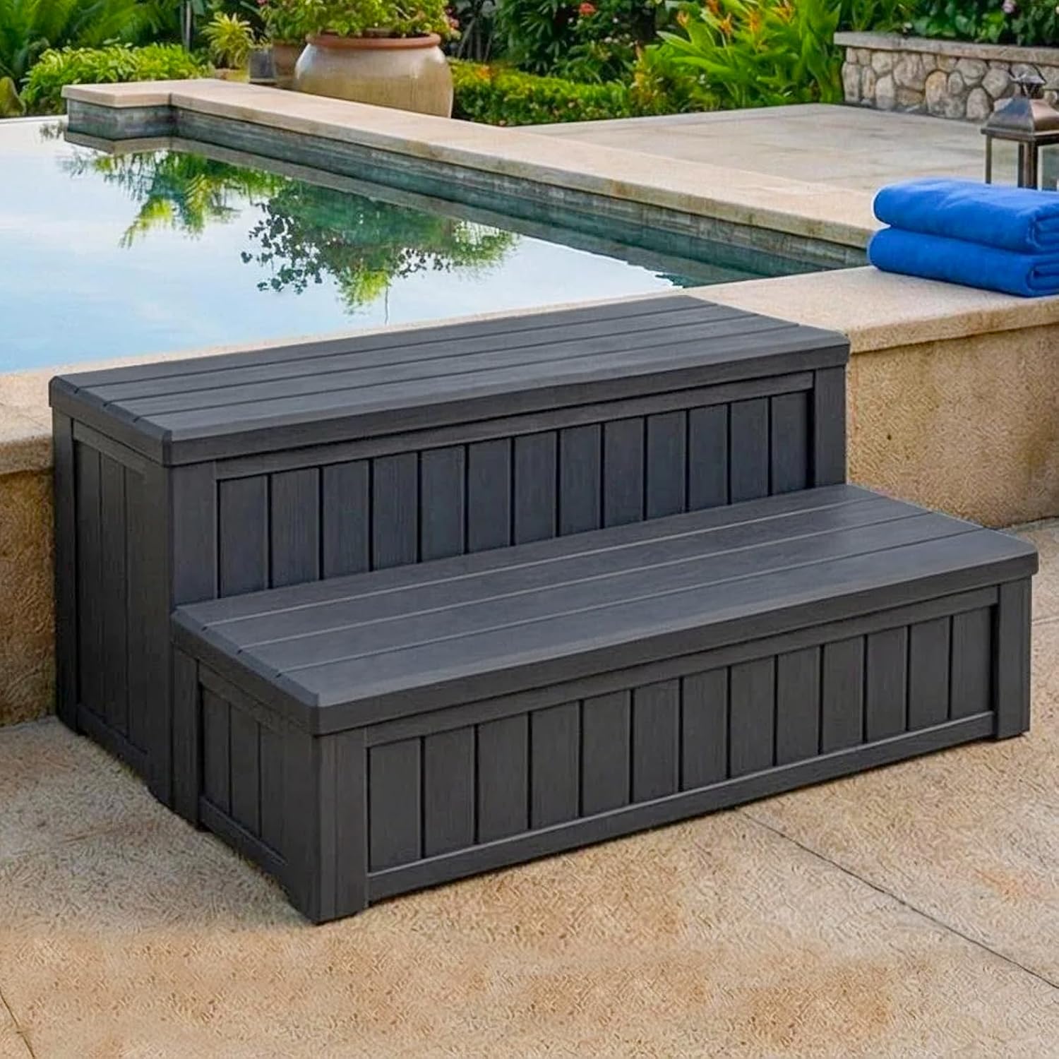 DIMAR GARDEN Hot Tub Steps with Storage, Outdoor Non-Slip Hot Tub Stairs, Waterproof Resin Steps for Spa and Swimming Pool, Black