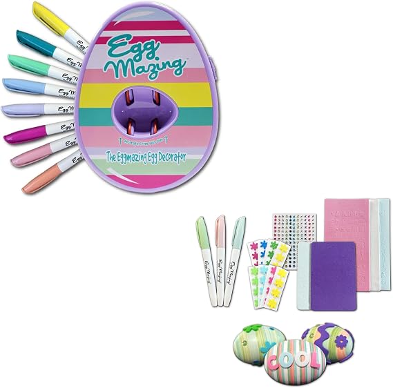The Eggmazing Egg Decorator Easter Egg Decorating Kit (Purple) + Easter Egg-cessory Pack - Markers, Adhesive Jewels and Foam Stickers