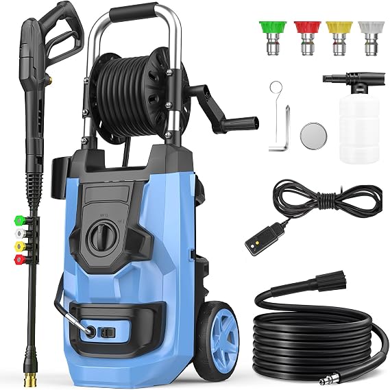 5000 PSI Electirc Pressure Washer, 4 Nozzles and Foam Cannon, Heavy Duty Power Washer with 20FT Hose Reel for Home/Car/Fence/Garden, GFCI Protection, Blue