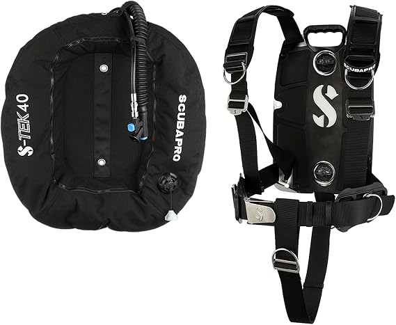 SCUBAPRO S-Tek Pro System for Technical Scuba Diving, Harness with Back Plate in Stainless Steel, Donut Wing 40 lbs/18kg, Includes Black Color Kit