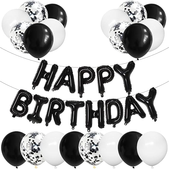 Happy Birthday Balloons - 31Pcs Black Birthday Banner Decorations Set with Foil Star Balloons and Latex Confetti Balloons - Party Backdrop Decor