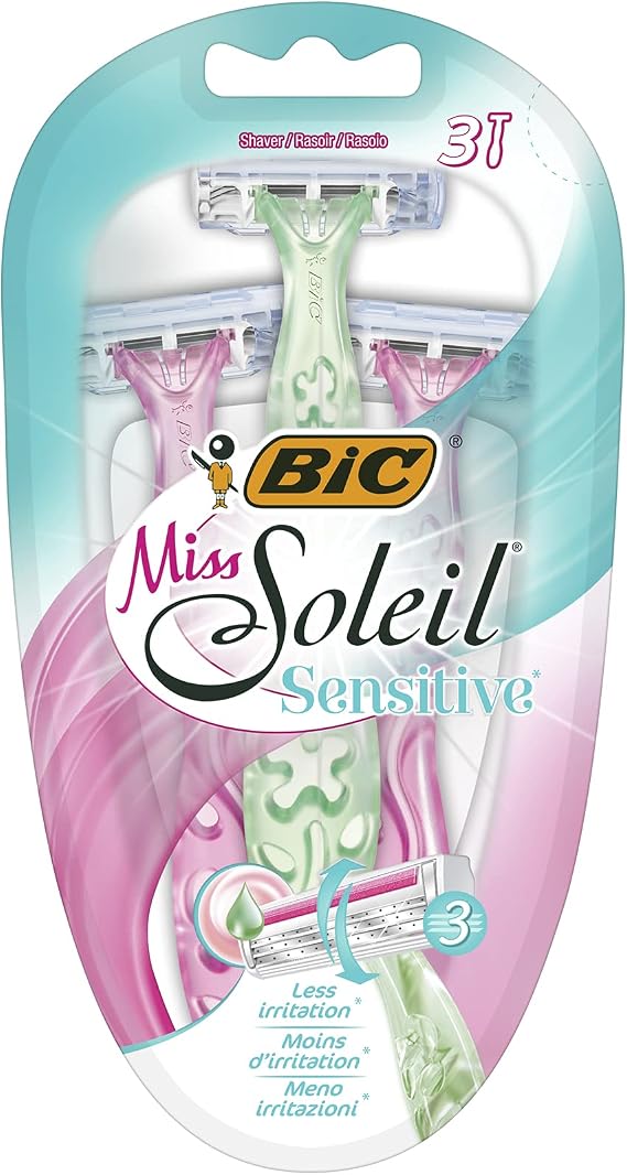 BIC Miss Soleil Sensitive Kadın Tıraş Bıçağı 3'lü Blister (3 Bıçak), Oynar Başlık, Aloe Vera ile Zenginleştirilmiş Kayganlaştırıcı Jel Şerit