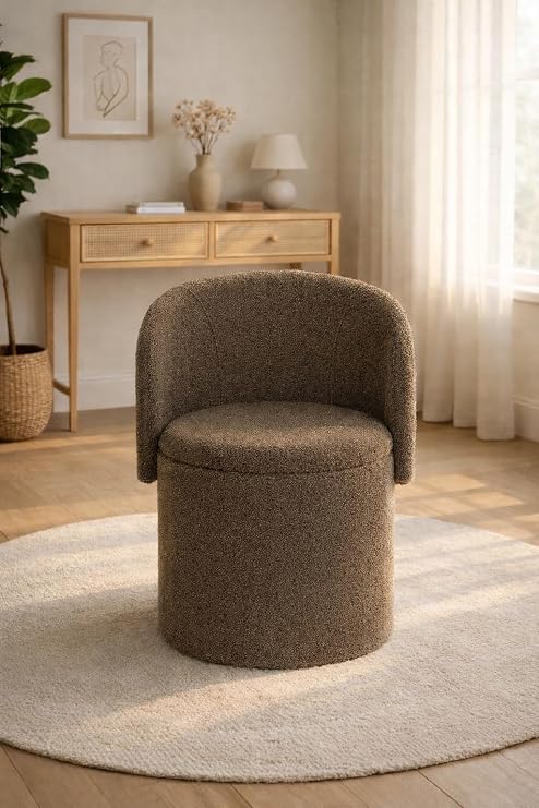 Teddy Boucle Tub Chair With Hidden Storage, Round Vanity Seat With Curved Back and Lift-Off Lid, Wooden Frame, 150kg, 46 x 62 cm (Dark Natural)