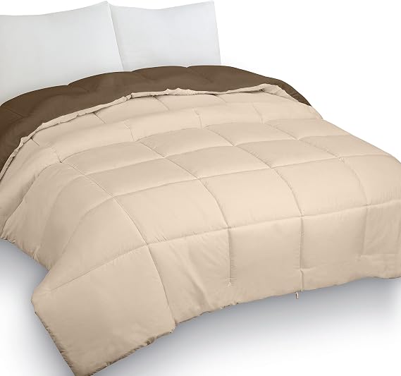 Chocolate & Beige 100% Cotton Soft Quilted All Season Down Alternative Comforter Reversible Duvet Insert with Corner Tabs,Winter Summer Warm Fluffy, Full Size