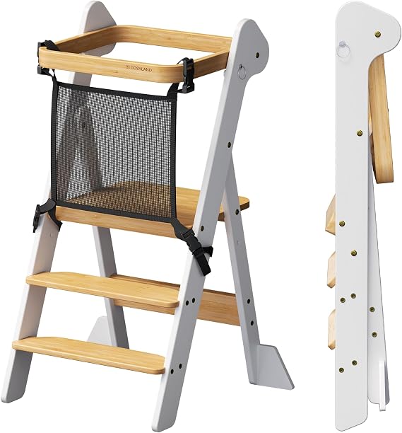 COSYLAND Foldable Standing Tower IF Design Awarded Toddler Kitchen Step Stool with Safety Net & Large Side Support Legs Height Adjustable Toddler Learning Helper Stool (White & Natural)-Foldi