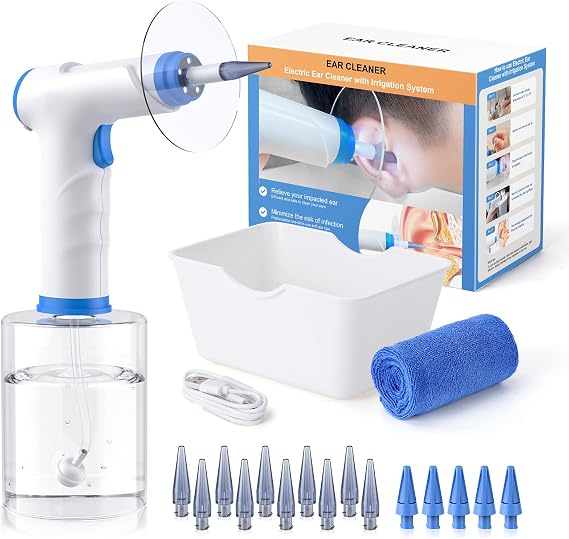 Electric Ear Wax Removal Kit for Adults with 4 Cleaning Modes, Home Use | Safe and Effective Ear Irrigation Flushing System with 500ml Water Bottle, Towel, Waste Basin, 15 Tips, Blue