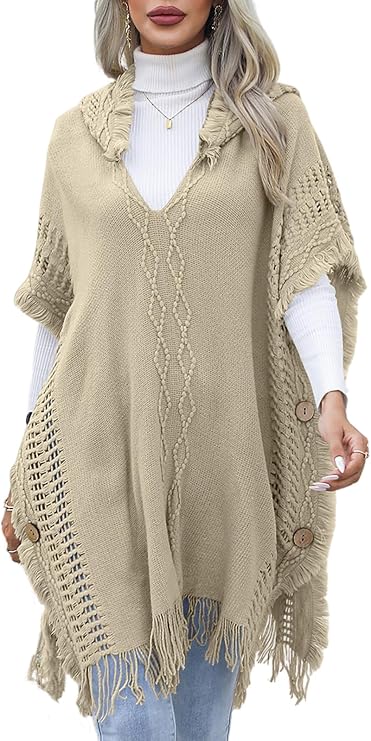 KEOMUD Women's Poncho Sweater Hooded V Neck Knitted Cape