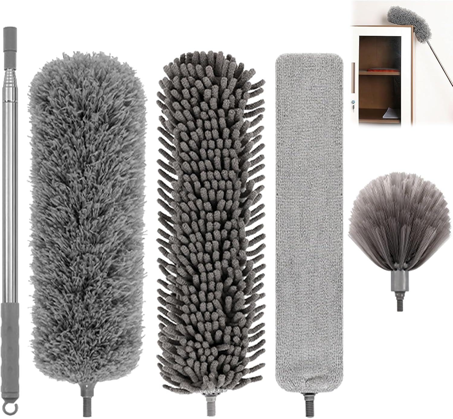 5pcs Reusable Long Feather Duster with Extendable Extension Pole,Bendable Microfiber Chenille Dusters,Washable Cobweb Head & Crevice Hand Brush for Cleaning Roof,Blinds High,Ceiling Fan,Furniture Dust