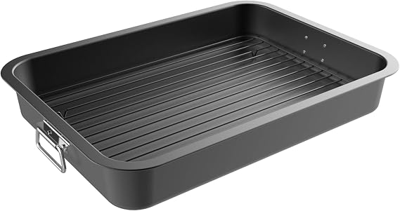 Classic Cuisine Roasting Pan with Flat Rack, Black, 16.5 x 12 x 2.5 | Nonstick Oven Roaster and Removable Tray to Drain Fat and Grease for Healthier Cooking