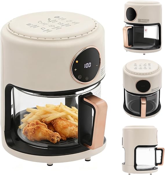 1200W Glass Air Fryer, 110V 4.44QT 360 Viewable Airy Fryer 8-in-1 Digital Airfryer Adjustable Temp 175F - 392F 60 Min Timer with Grill for Family Gatherings/Outdoor Picnics