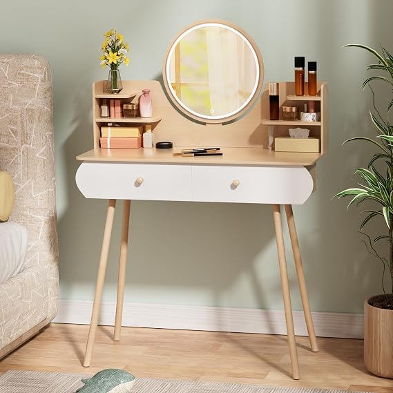 Vanity Desk with Round Mirror and Lights | Makeup Vanity Desk with 2 Drawers and Opening Shelves | Adjustable 3 Lighting Modes | Modern Dressing Table for Girls Small Bedroom