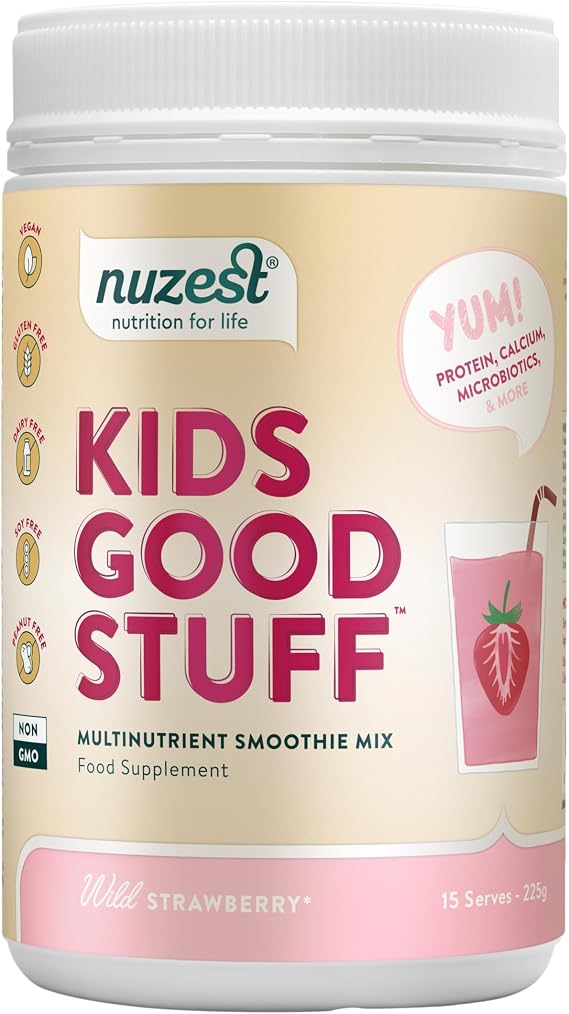 Nuzest - Kids Good Stuff - Vegan Smoothie Mix - Wild Strawberry - Multivitamin Nutritional Supplement for Children - Dairy Free 225g (15 Servings)