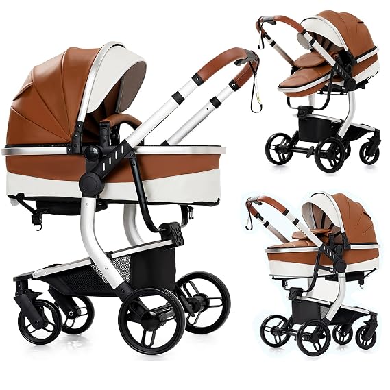 PU Leather 2 in 1 Convertible Baby Stroller with Bassinet Mode, Reversible Infant Bassinet Stroller with One-Click Folding, Toddler Newborn Travel Standard Carriage Pram (2US518-Khaki)