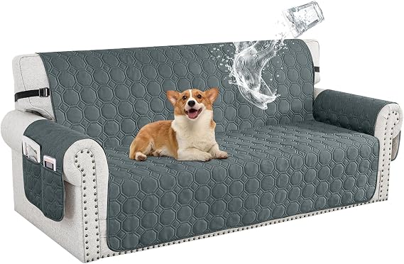 100% Waterproof Sofa Covers for Pets, Non Slip Sofa Slipcovers Couch Cover for Living Room Washable Pet Couch Cover with Elastic Straps Furniture Protector (Dark Gray,3 Seater)