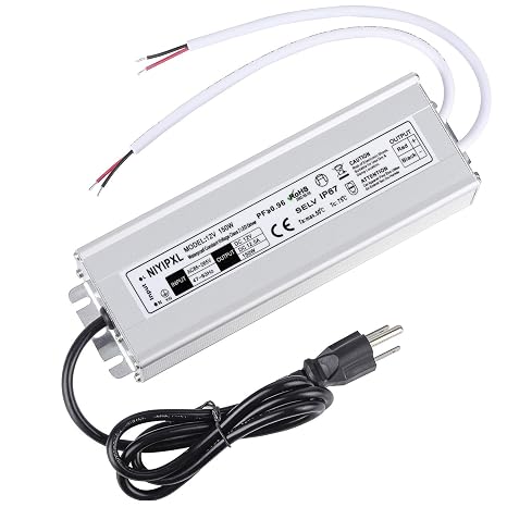 LED Driver 150 Watts Waterproof IP67 Power Supply Transformer Adapter 85V-265V AC to 12V DC Low Voltage Output with 3-Prong Plug 3.3 Feet Cable for LED Light, Computer Project, Outdoor Light