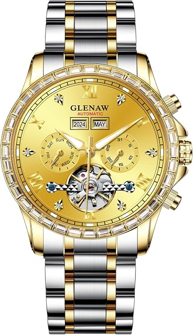 Automatic Watch for Men- Luxury Crystal Bezel Complete Calendar Mechanical Day Date Tourbillon Watch for Men Luminous with Stainless Strap
