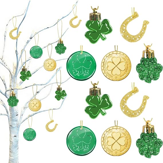 50PCS St. Patricks Day Decorations Shamrock Ornaments, 5 Styles Shamrock Clover Gold Coins Horseshoe Tree Decorations, Saint Patrick's Day Irish Hanging Ornaments for Spring Tree Party Favors