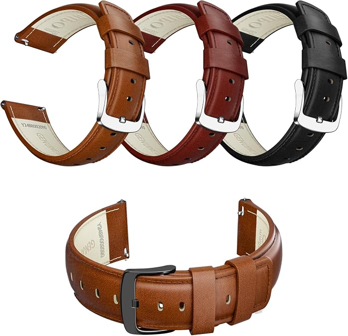 Quick Release Leather Watch Band for Men & Women, Compatible with Timex, Fossil, Samsung, Seiko, Citizen 20mm 22mm 24mm