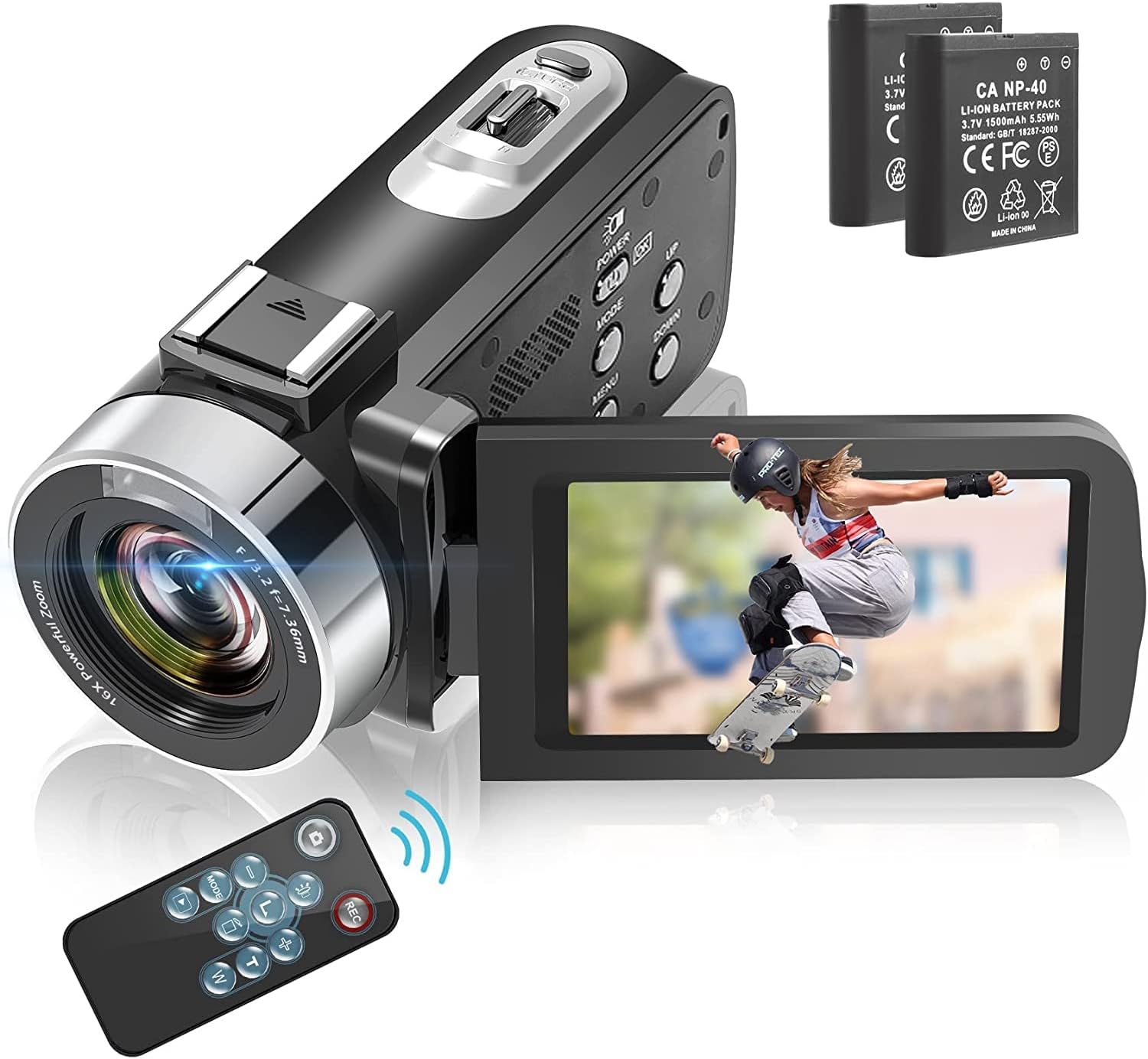 KUCIYA Camcorder Video Camera Full HD 1080p 30FPS Camcorder Camera 24MP 18x Digital Zoom 3’’ IPS 270° Rotation Screen Vlogging Camera with Remote Control and Pause Function, Black