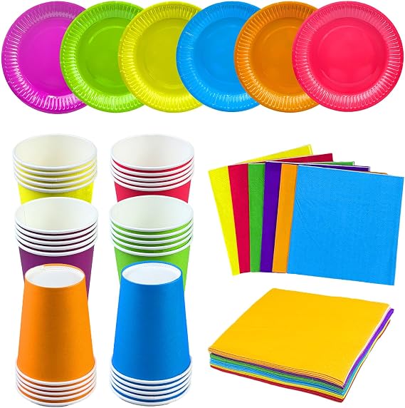 90Pcs Colorful Party Paper Plates Cups Napkins, Rainbow Party Tableware Set