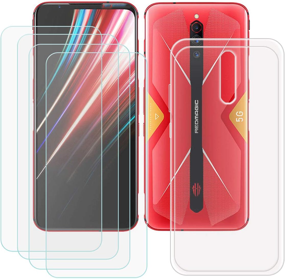 TTJ Transparent Cover for ZTE Nubia Red Magic 5G  [4 Pack] HD Tempered Glass, Silicone Shell TPU Bumper Protective Back Case - Scratch Screen Protector for ZTE Nubia Red Magic 5G 6,65