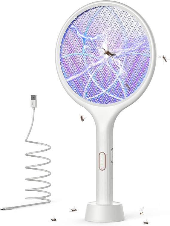 YISSVIC Electric Fly Swatter 4000V Bug Zapper Racket Dual Mode (1, White) | Auto Manual Mode, Purple Attractant Light, Rechargeable, Indoor & Outdoor Home Camping Yard Use