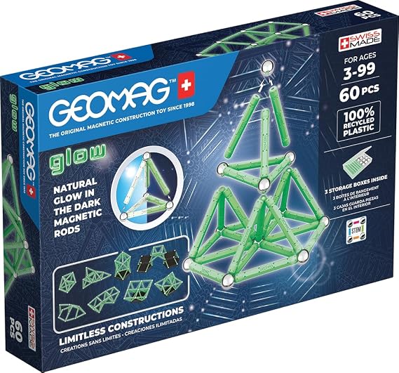 GEOMAG, Glow Recycled, Magnetic Constructions with Glow Effect, Magnetic Bars Glowing in the Dark, 60-Piece Pack, 100% Recycled Plastic, White