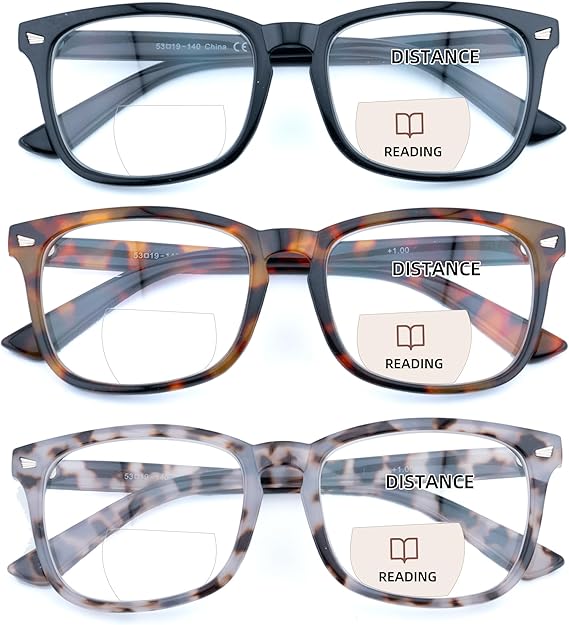 3 Pack Bifocal Reading Glasses for Women Men Bi-focal Readers PC Frame Fixed Hinge Dual Focal Clear Top Eyewear