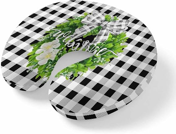 Welcome Bow Knot Wreath Neck Pillow Memory Foam U Shaped Travel Pillow, Summer Flowers Black Gray Plaid Neck Support Pillows Decorative Headrest Cushion for Airplane Sleeping Car Office