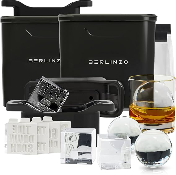 Berlinzo Premium Crystal Cube & Sphere Maker Set 4 Large 2.1" Glass-Like Cubes & 2 Large 2.4" Shiny Round Balls Easy-Release BPA-Free Silicone Trays, Black (Non-Electric)