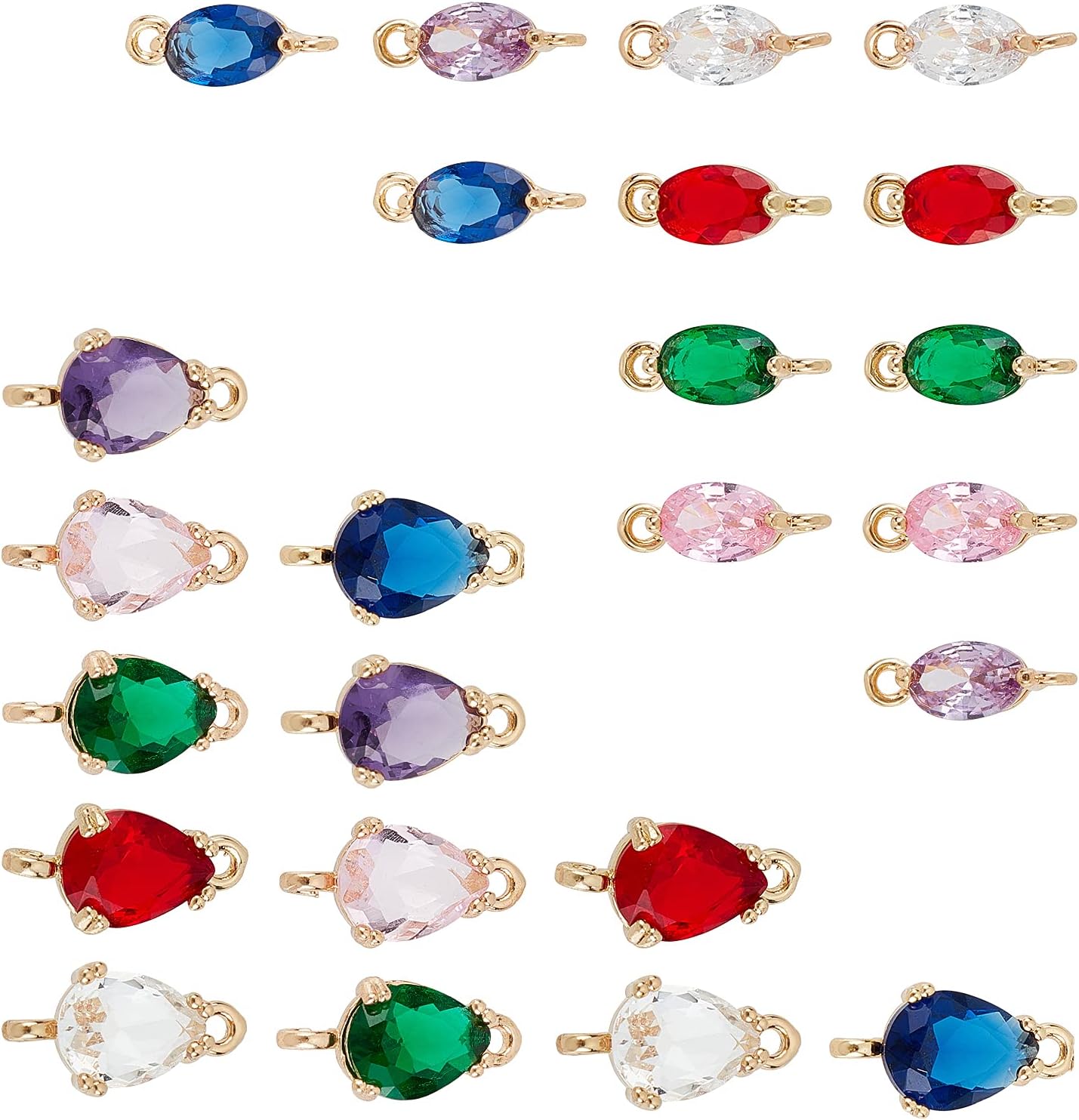 SUNNYCLUE 1 Box 24Pcs 6 Colors Glass Connector Charms Faceted Gemstone Links Pendants Oval Teardrop Shape Gold Plated with Double Brass Loops for Jewelry Making Crafts Supplies