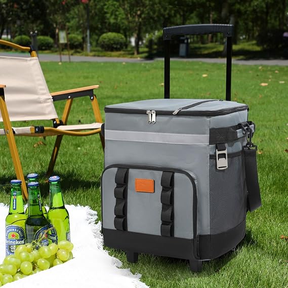 Cool Bag, 35L Cooler Box on Wheels, Large Insulated Cooler Bag with Stable All Terrain Cart & Handle, Portable Wheeled Picnic Thermal Bag for Camping Beach Fishing, Waterproof, Reusable Lunch Bag