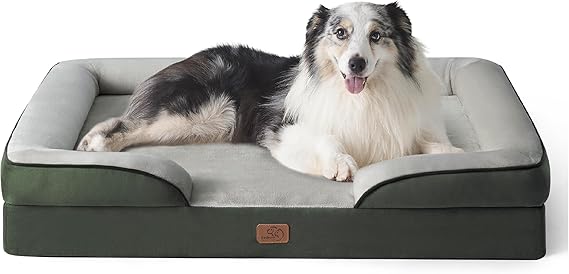 Bedsure XL Large Dog Bed Sofa - Washable Orthopedic Dog Couch, 106x80cm | Waterproof Inner Liner, Removable Flannel Cover, Dog Pillow with U-Shape Bolster, Dark Green Squre Pet Bed
