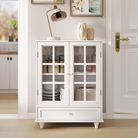 Haotian Modern Sideboard Cabinet with Double Glass Doors, White, MDF, Adjustable Shelves, UV Scratch-Resistant Finish, Buffet Storage for Dining Room DJ-FBT006
