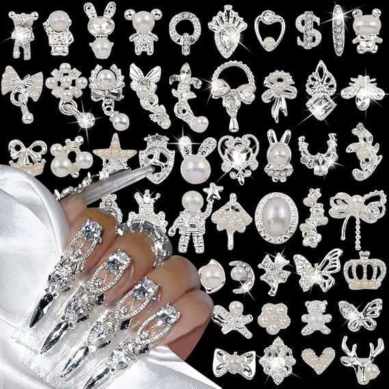50pcs 3D Silver Nail Charms Luxury Rhinestones Nails Alloy Butterfly Nail Art Pendant Metal Nail Jewellery Bow Bear Gemstones Heart Star Flower Glitter Stones Nail Design Nail Art Accessories