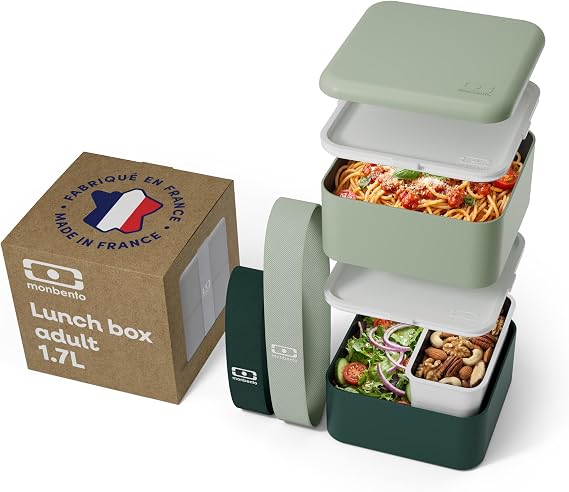 monbento - MB Square Natural Green large bento green and cream Made in France- Airtight lunch box 2 tiers - Lunch box ideal for work/school - BPA free - durable and safe
