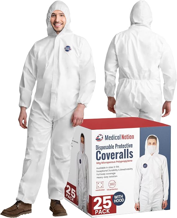 Medical Nation Hazmat Suits Disposable | 25 Pack | Hooded, Heavy Duty, Breathable Disposable Coverall, Painter Suit| 9 Sizes