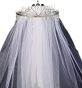 Lito First Communion Tiara with Veil and Bow, White, One Size