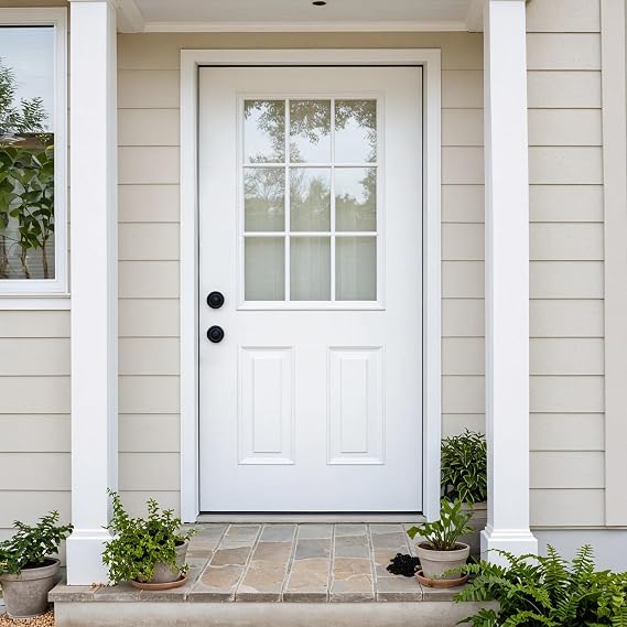Fiberglass Entry Door with Brickmould, Right Hand Inswing, 36 x 80, White Oak Wooden Grain Knock-Down Door, 4-9/16 in.Vinyl Frame,9 Lite Low-E Glass - Primed Front Door for Home's Front Entrance