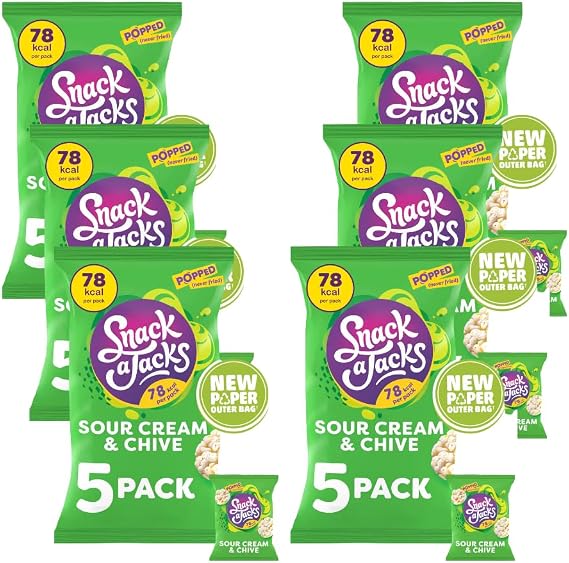 Crips Snack Bundle with Snack A Jacks Sour Cream & Chive Multipack Rice Cakes Crisps (5x19g) - 6 Pack | Sour Cream & Chive Flavour Crispy Rice and Corn Snack, Suitable For Vegetarians.