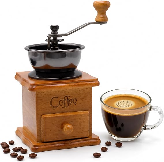 Vintage Wooden Manual Coffee Grinder - Decorative Retro Hand Crank Mill with Ceramic Burr | Portable Antique Coffee Bean Grinder for Home Use Espresso & Pour Over, Gift for Coffee Lovers