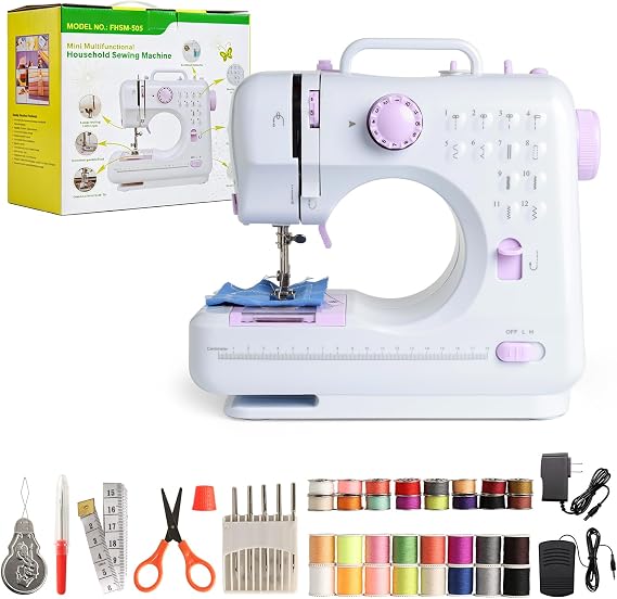 Portable Mini Sewing Machine for Beginners with 12 Built-in Stitches, 2-Speed Control, Foot Pedal, LED Light, Support 2 Needle Modes, 9 Tightness Adjustments, Reverse Stitch for Home Repair, DIY Craft