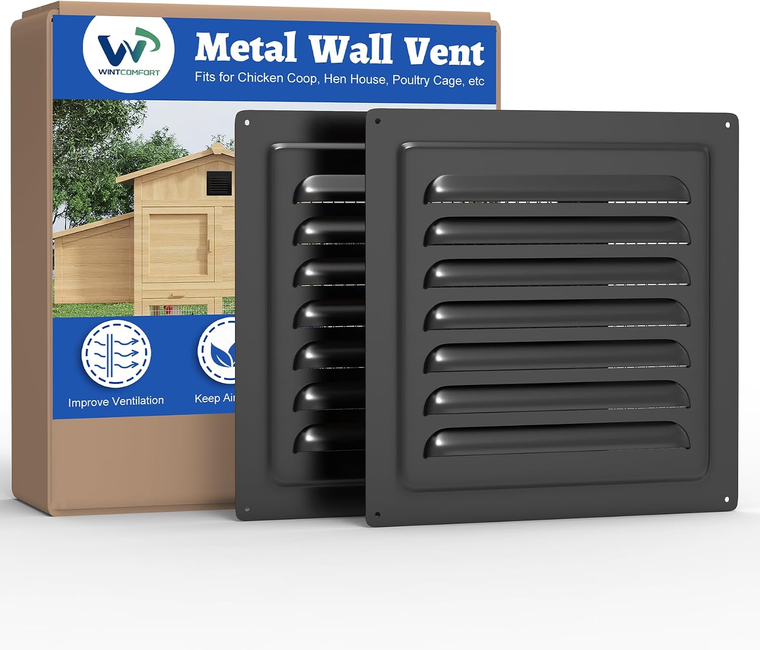 Chicken Coop Metal Wall Vent, 2 Pack 10" x 10" Metal Shed Vent with Built-in Screen for Anti-Debris, Louver Vent Grille for Chicken Coop, Hen House, Poultry Cage, Rabbit Hutch, Black