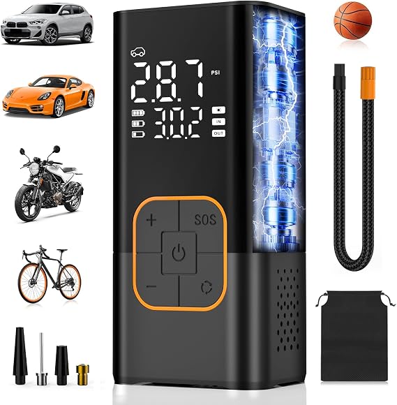 Tyre Inflator Air Compressor, Cordless Electric Car&Bike Tyre Pump | With Dual Values Display, Digital Pressure Gauge 150 PSI, LED Light, Portable Tyre Inflator for Car/Bicycle/Motocycle/Ball