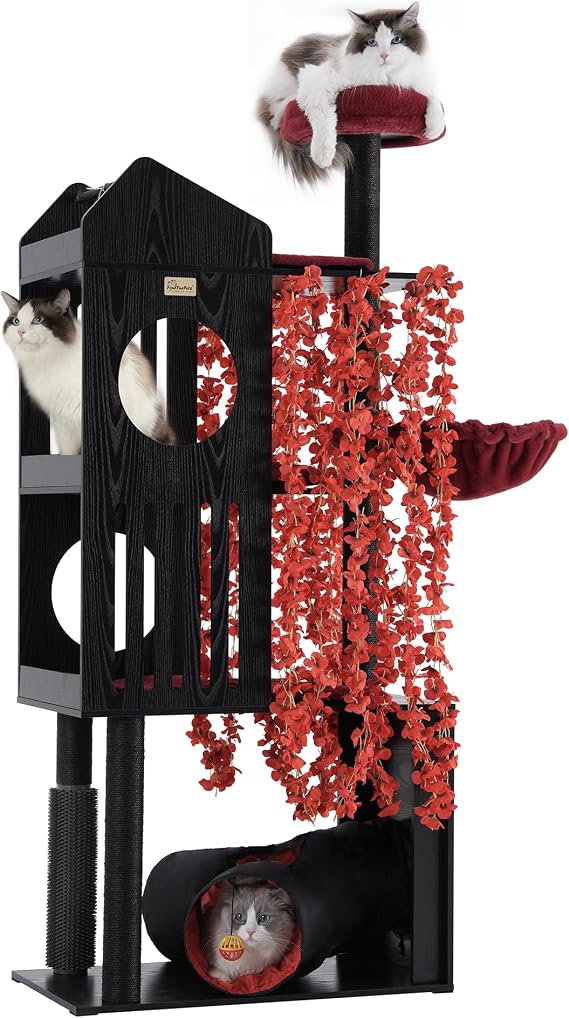 Gothic Cat Tree, 67" Cat Tower for Indoor Cats, Maine Coon Cat Tree for Large Cats 20 lbs+ with Extra-Large Padded Platform, Sisal-Covered Scratching Posts, Comfy Basket, Black & Red