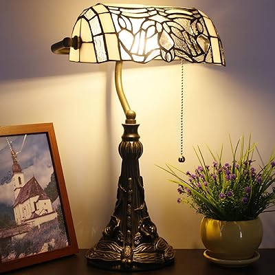 Tiffany Banker Lamp Small Stained Glass Table Lamp Tiffany Style Piano Light White Bending Style Desk Lamp Angle Adjustable 10.6X15.7 Inch for Home Office Living Room Bedroom