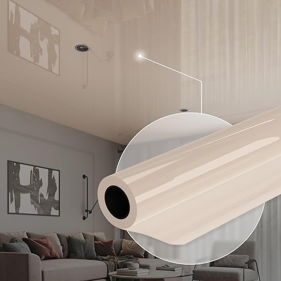 Ceiling Decor Film - Beige Glossy PVC Stretch Ceiling - Room Ceiling Covering Kit, DIY Easy Installation for Modern Ceiling Design Kit #20 Film Size 10'6'' * 11'10''