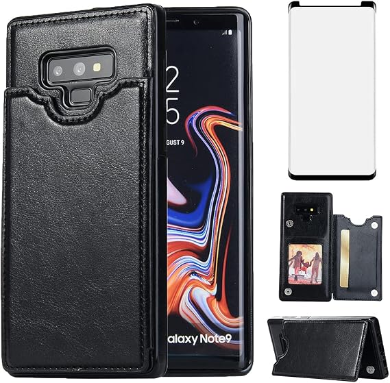 Design for Samsung Galaxy Note 9 Case with Tempered Glass Screen Protector Credit Card Holder Slot, PU Leather Wallet Phone Cases Kickstand Protective Cover for Glaxay Note9 S9 Men Black