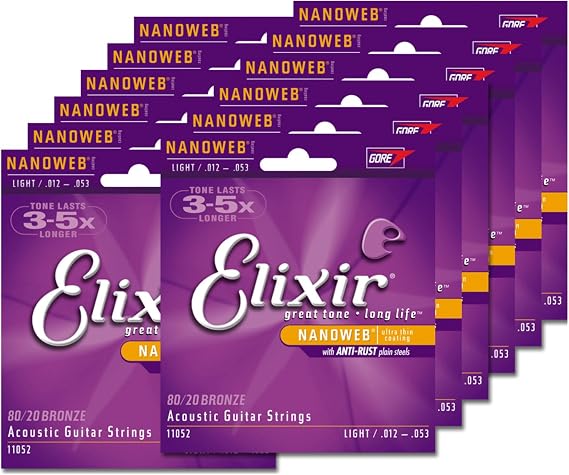 12 Sets of Elixir 11052 Light Acoustic Strings (12-53) (Nanoweb)